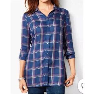 Talbots Large Blue Buckingham Plaid Long Sleeve Button Front Collared Shirt